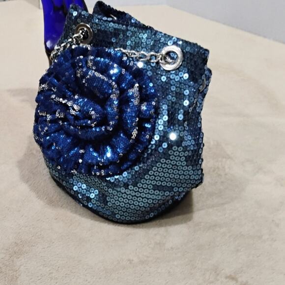 Blue sequined party hobo bag with flower accent Purse - Picture 8 of 9